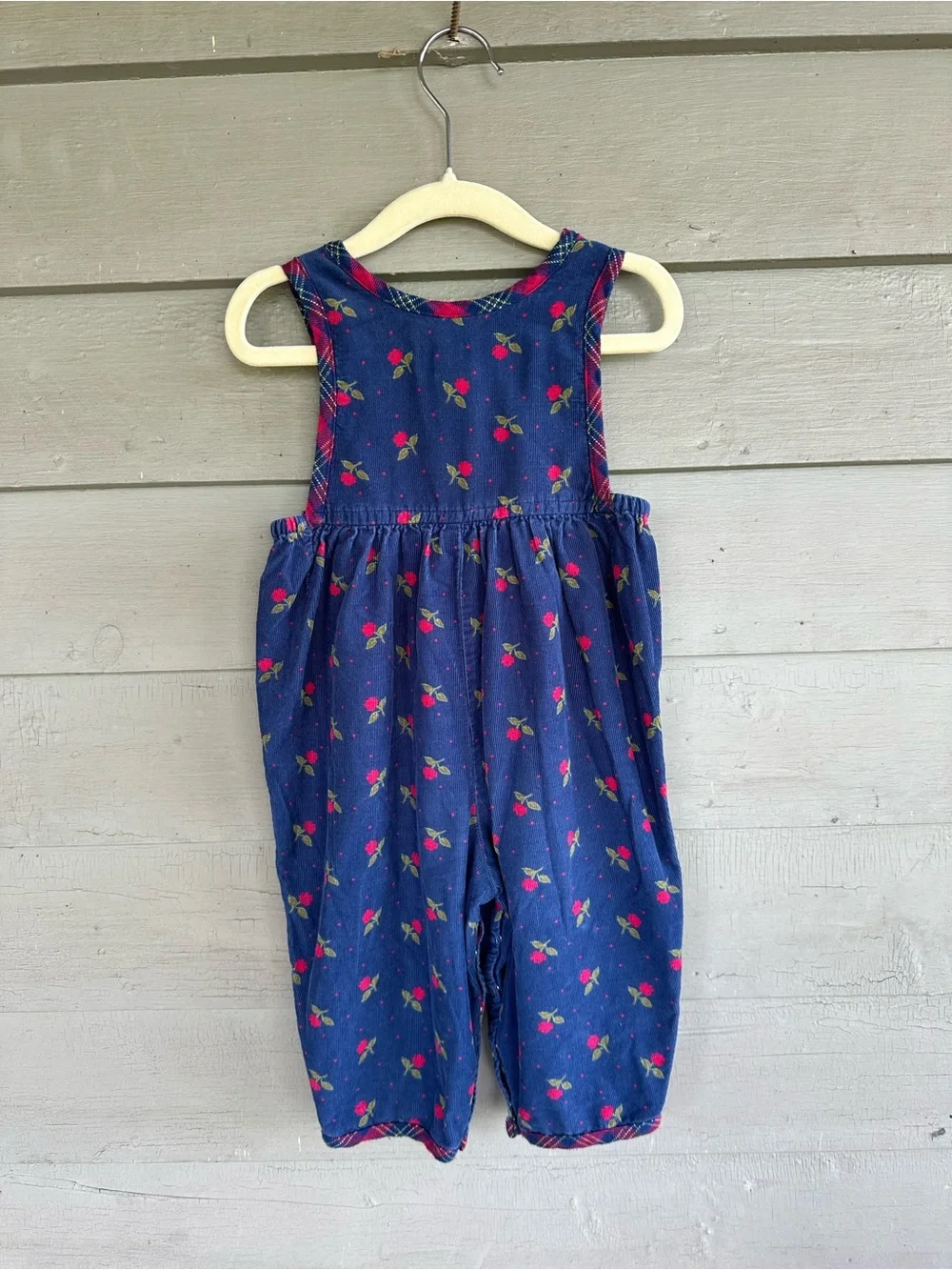 Vintage Gymboree Rainbow Tag Girls Navy Red Floral Plaid Overalls Romper